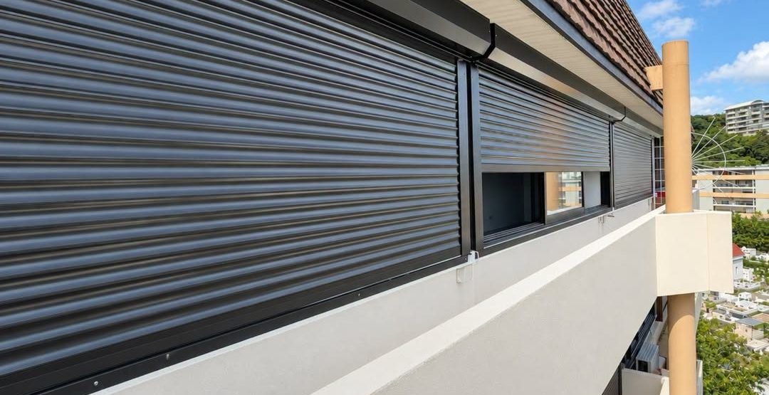 Volets roulants anthracite sur un balcon d'immeuble